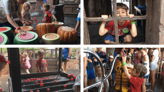 Imagens da fila interativa do brinquedo do Ursinho Pooh - roteiro magic kingdom com criança