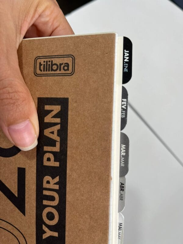 Divisórias dos meses destacadas da cartela original e coladas no planner, formando abas externas visíveis para facilitar o manuseio.