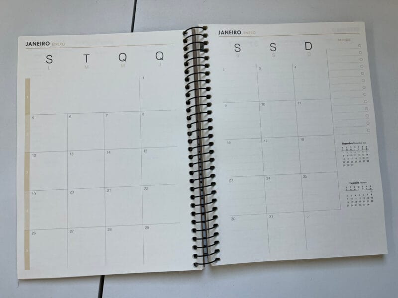 Visão mensal do planner 2026 Tilibra, mostrando o calendário completo de cada mês para facilitar a organização pessoal e profissional.